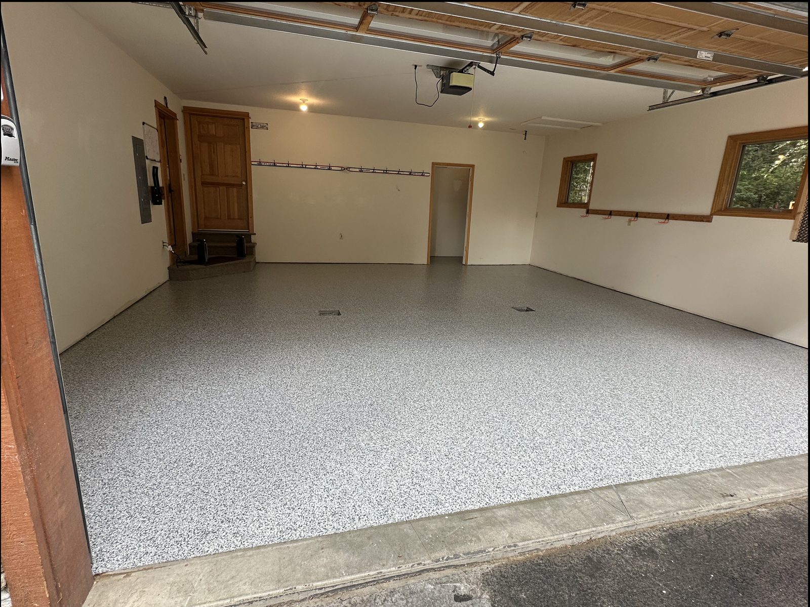 Finished epoxy flake garage floor coating in Big Sky, Montana.